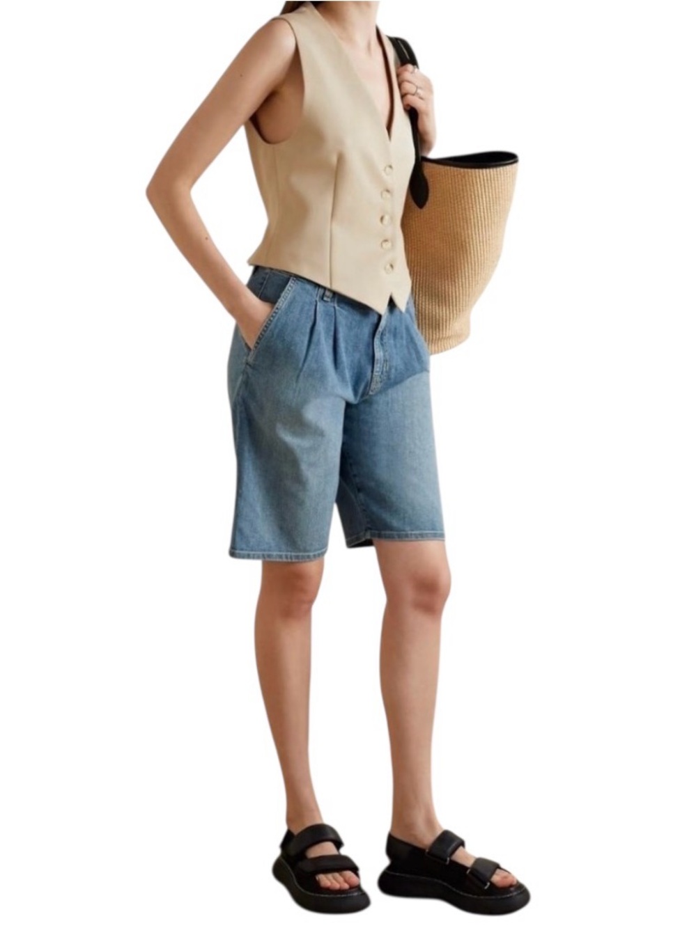 Nili Lotan Julie Denim Trouser Shorts Size 26 Faded Wash 11625W45 MSRP 350.00